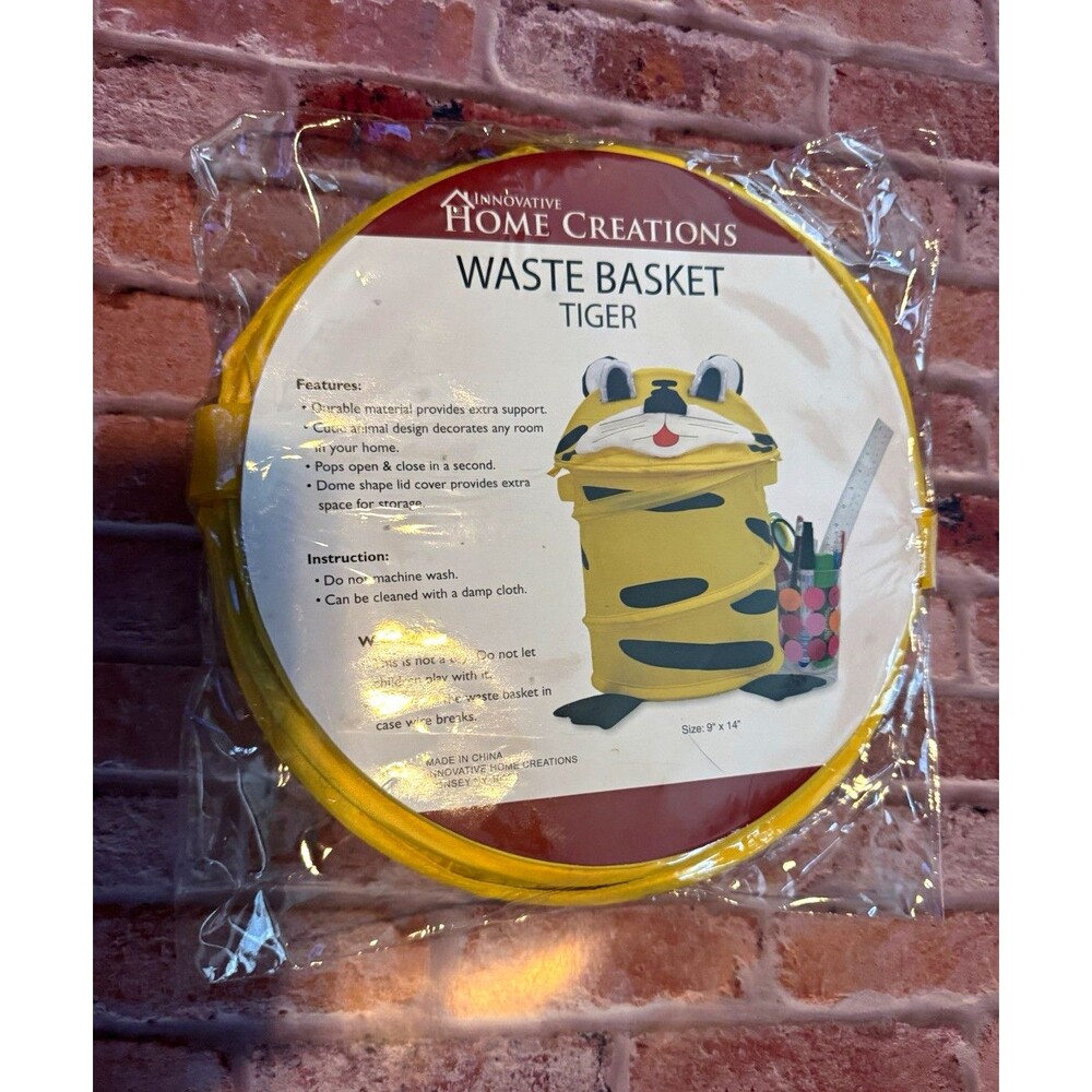 Innovative Home Creations Tiger Pop-Up Fabric Waste Basket 9" x 14" Yellow